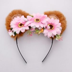 Brown Pink Flower Ears Faux Fur Headband Costume Party Fashion Accessories